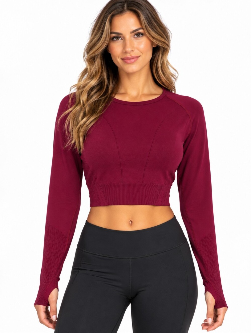 AYBL Seamless Cropped Long Sleeve Workout Top Burgundy Thumbholes Large